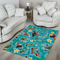 Hawaii Map with Plumeria Flower and Palaka Pattern Area Rug Tropical Island Teal Design LT03 - Polynesian Pride