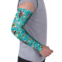 Hawaii Map with Plumeria Flower and Palaka Pattern Arm Sleeves Tropical Island Teal Design LT03 - Polynesian Pride