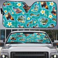 Hawaii Map with Plumeria Flower and Palaka Pattern Auto Sun Shade Tropical Island Teal Design LT03 Teal - Polynesian Pride