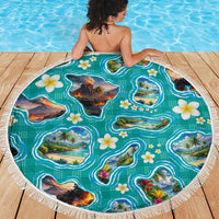 Hawaii Map with Plumeria Flower and Palaka Pattern Beach Blanket Tropical Island Teal Design LT03 - Polynesian Pride
