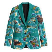 Hawaii Map with Plumeria Flower and Palaka Pattern Blazer Tropical Island Teal Design LT03 Unisex Teal - Polynesian Pride