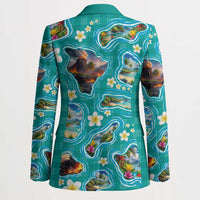 Hawaii Map with Plumeria Flower and Palaka Pattern Blazer Tropical Island Teal Design LT03 - Polynesian Pride