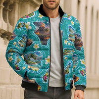 Hawaii Map with Plumeria Flower and Palaka Pattern Bomber Puffer Jacket Tropical Island Teal Design LT03 - Polynesian Pride