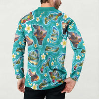 Hawaii Map with Plumeria Flower and Palaka Pattern Button Sweatshirt Tropical Island Teal Design LT03 - Polynesian Pride