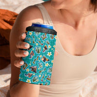 Hawaii Map with Plumeria Flower and Palaka Pattern 4 in 1 Can Cooler Tumbler Tropical Island Teal Design LT03 - Polynesian Pride