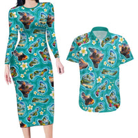 Hawaii Map with Plumeria Flower and Palaka Pattern Couples Matching Long Sleeve Bodycon Dress and Hawaiian Shirt Tropical Island Teal Design