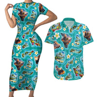 Hawaii Map with Plumeria Flower and Palaka Pattern Couples Matching Short Sleeve Bodycon Dress and Hawaiian Shirt Tropical Island Teal Design