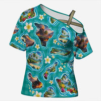Hawaii Map with Plumeria Flower and Palaka Pattern Cross Shoulder Shirt Tropical Island Teal Design LT03 Female Teal - Polynesian Pride
