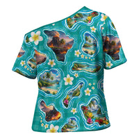 Hawaii Map with Plumeria Flower and Palaka Pattern Cross Shoulder Shirt Tropical Island Teal Design LT03 - Polynesian Pride