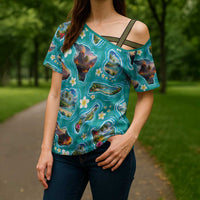Hawaii Map with Plumeria Flower and Palaka Pattern Cross Shoulder Shirt Tropical Island Teal Design LT03 - Polynesian Pride