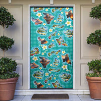 Hawaii Map with Plumeria Flower and Palaka Pattern Door Cover Tropical Island Teal Design LT03 Teal - Polynesian Pride