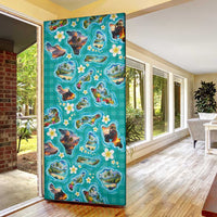 Hawaii Map with Plumeria Flower and Palaka Pattern Door Cover Tropical Island Teal Design LT03 - Polynesian Pride