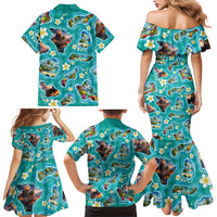 Hawaii Map with Plumeria Flower and Palaka Pattern Family Matching Mermaid Dress and Hawaiian Shirt Tropical Island Teal Design