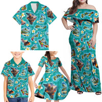 Hawaii Map with Plumeria Flower and Palaka Pattern Family Matching Off Shoulder Maxi Dress and Hawaiian Shirt Tropical Island Teal Design