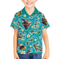 Hawaii Map with Plumeria Flower and Palaka Pattern Family Matching Puletasi and Hawaiian Shirt Tropical Island Teal Design