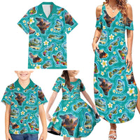 Hawaii Map with Plumeria Flower and Palaka Pattern Family Matching Summer Maxi Dress and Hawaiian Shirt Tropical Island Teal Design