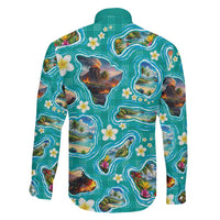 Hawaii Map with Plumeria Flower and Palaka Pattern Family Matching Summer Maxi Dress and Hawaiian Shirt Tropical Island Teal Design