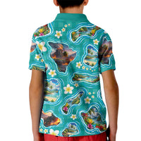 Hawaii Map with Plumeria Flower and Palaka Pattern Kid Polo Shirt Tropical Island Teal Design LT03 - Polynesian Pride