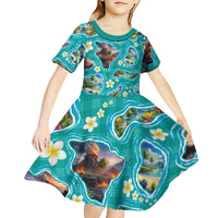 Hawaii Map with Plumeria Flower and Palaka Pattern Kid Short Sleeve Dress Tropical Island Teal Design LT03 - Polynesian Pride