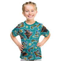 Hawaii Map with Plumeria Flower and Palaka Pattern Kid T Shirt Tropical Island Teal Design LT03 Teal - Polynesian Pride