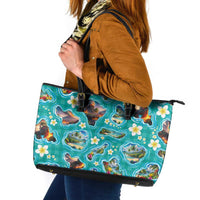 Hawaii Map with Plumeria Flower and Palaka Pattern Leather Tote Bag Tropical Island Teal Design LT03 Teal - Polynesian Pride