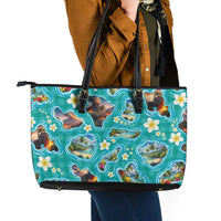 Hawaii Map with Plumeria Flower and Palaka Pattern Leather Tote Bag Tropical Island Teal Design LT03 - Polynesian Pride