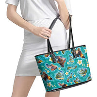 Hawaii Map with Plumeria Flower and Palaka Pattern Leather Tote Bag Tropical Island Teal Design LT03 - Polynesian Pride