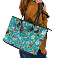 Hawaii Map with Plumeria Flower and Palaka Pattern Leather Tote Bag Tropical Island Teal Design LT03 - Polynesian Pride