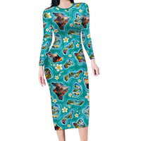 Hawaii Map with Plumeria Flower and Palaka Pattern Long Sleeve Bodycon Dress Tropical Island Teal Design LT03 Long Dress Teal - Polynesian Pride