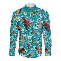 Hawaii Map with Plumeria Flower and Palaka Pattern Long Sleeve Button Shirt Tropical Island Teal Design LT03 Unisex Teal - Polynesian Pride