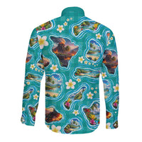 Hawaii Map with Plumeria Flower and Palaka Pattern Long Sleeve Button Shirt Tropical Island Teal Design LT03 - Polynesian Pride