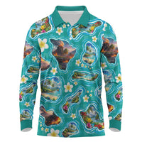Hawaii Map with Plumeria Flower and Palaka Pattern Long Sleeve Polo Shirt Tropical Island Teal Design LT03 Teal - Polynesian Pride