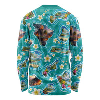 Hawaii Map with Plumeria Flower and Palaka Pattern Long Sleeve Shirt Tropical Island Teal Design LT03 - Polynesian Pride