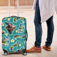 Hawaii Map with Plumeria Flower and Palaka Pattern Luggage Cover Tropical Island Teal Design LT03 Teal - Polynesian Pride
