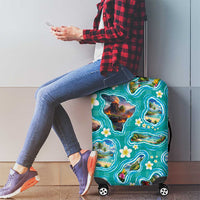 Hawaii Map with Plumeria Flower and Palaka Pattern Luggage Cover Tropical Island Teal Design LT03 - Polynesian Pride
