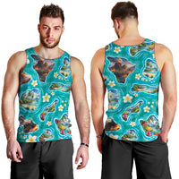 Hawaii Map with Plumeria Flower and Palaka Pattern Men Tank Top Tropical Island Teal Design LT03 - Polynesian Pride
