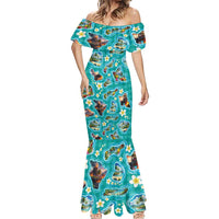 Hawaii Map with Plumeria Flower and Palaka Pattern Mermaid Dress Tropical Island Teal Design LT03 - Polynesian Pride