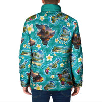 Hawaii Map with Plumeria Flower and Palaka Pattern Padded Jacket Tropical Island Teal Design LT03 - Polynesian Pride