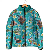 Hawaii Map with Plumeria Flower and Palaka Pattern Padded Jacket Tropical Island Teal Design LT03 - Polynesian Pride