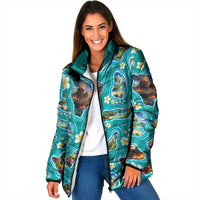 Hawaii Map with Plumeria Flower and Palaka Pattern Padded Jacket Tropical Island Teal Design LT03 Women Teal - Polynesian Pride
