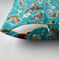Hawaii Map with Plumeria Flower and Palaka Pattern Pillow Cover Tropical Island Teal Design LT03 - Polynesian Pride