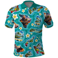 Hawaii Map with Plumeria Flower and Palaka Pattern Polo Shirt Tropical Island Teal Design LT03 Teal - Polynesian Pride