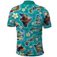 Hawaii Map with Plumeria Flower and Palaka Pattern Polo Shirt Tropical Island Teal Design LT03 - Polynesian Pride