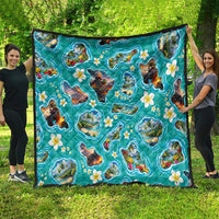 Hawaii Map with Plumeria Flower and Palaka Pattern Quilt Tropical Island Teal Design LT03 - Polynesian Pride