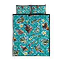 Hawaii Map with Plumeria Flower and Palaka Pattern Quilt Bed Set Tropical Island Teal Design LT03 - Polynesian Pride
