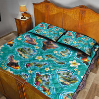 Hawaii Map with Plumeria Flower and Palaka Pattern Quilt Bed Set Tropical Island Teal Design LT03 - Polynesian Pride