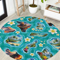 Hawaii Map with Plumeria Flower and Palaka Pattern Round Carpet Tropical Island Teal Design LT03 Teal - Polynesian Pride