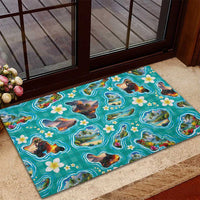 Hawaii Map with Plumeria Flower and Palaka Pattern Rubber Doormat Tropical Island Teal Design LT03 - Polynesian Pride