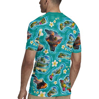 Hawaii Map with Plumeria Flower and Palaka Pattern Rugby Jersey Tropical Island Teal Design LT03 - Polynesian Pride