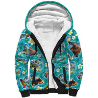 Hawaii Map with Plumeria Flower and Palaka Pattern Sherpa Hoodie Tropical Island Teal Design LT03 Unisex Teal - Polynesian Pride